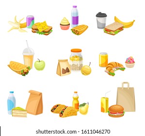 Fast Food Snacks and Drinks Isolated on White Background Vector Set
