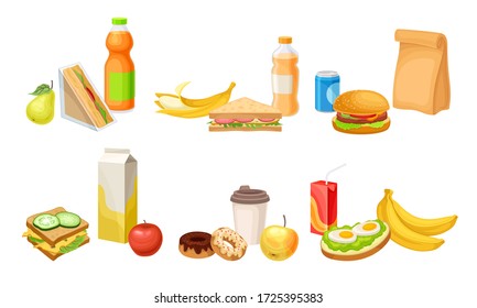 Fast Food Snacks and Drinks Isolated on White Background Vector Set