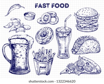 Fast food, snacks and drinks sketches vector illustration