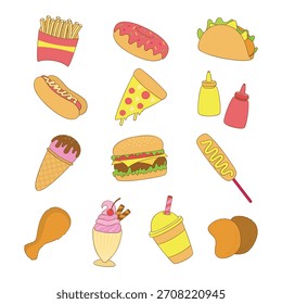 Comida rápida y bocadillos Elementos Dibujado a mano Colección de ilustración