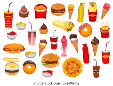 Fast Food snacks icons of cheeseburger and pizza, french fries and hot dog, hamburger, burrito, chicken nuggets, ice cream and donut, soda or coffee. Fastfood and sauces vector food