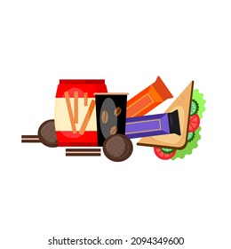 Fast food snacks pack, vector icons set in flat style. Vending products collection. 