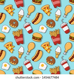 fast food snacks seamless pattern. drinks and dessert isolated on blue background. vector Illustration.