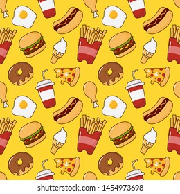 fast food snacks seamless pattern. drinks and dessert isolated on yellow background. vector Illustration.