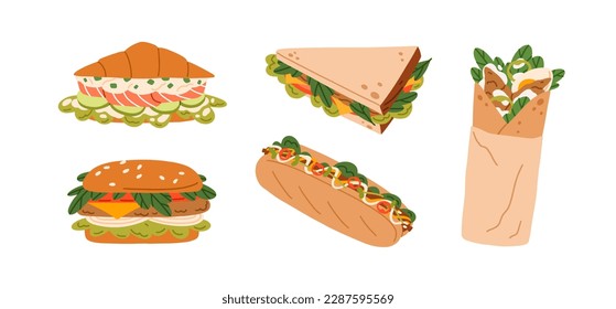 Fast food snacks set. Burger, sandwich, shawarma, hot dog, croissant with meat and vegetable stuffing. Street eating with fillings, sauces. Flat vector illustrations isolated on white background