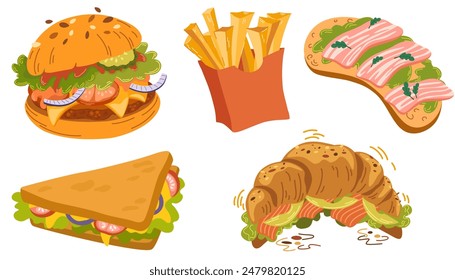 Juego de bocadillos de comida rápida. Hamburguesa, sándwich, patatas fritas, cruasán con salmón y relleno de verduras. Comida callejera con rellenos y salsas. Ilustraciones vectoriales planas sobre fondo blanco