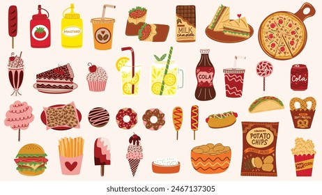 Fast food snacks and treats elements set. Burger, burrito, cake, chips, cookies, cupcake, donuts, fries, ice cream, pizza, pretzel, sandwich, soda, taco and more. Hand drawn vector illustrations.