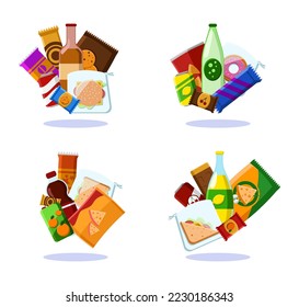 Lista de ilustraciones vectoriales de comida rápida o aperitivos. Colección de dibujos animados dulces en paquetes, chips y soda en botellas aisladas en fondo blanco. Comida rápida o basura, postres, concepto de compras