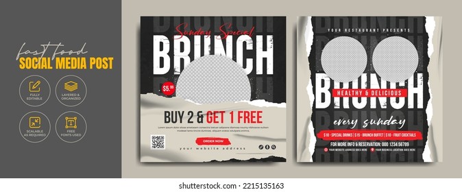 Fast food social media banner post template for restaurant business marketing. Italian food offer promotion flyer or brochure cover. Healthy pizza and american burger online sale advertisement poster.