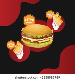 Diseño de plantillas de banner de marketing de medios sociales de comida rápida. Pizza, hamburguesa y negocio de alimentos saludables volante de promoción en línea con fondo abstracto, logotipo e ícono. Cobertura de venta.