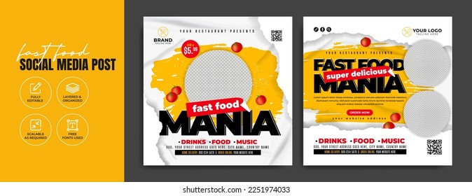 Fast food social media post template for restaurant business marketing. Pizza, burger, hamburger brand promotion web poster background. American healthy food online sale advertisement banner or flyer.