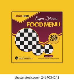 Fast Food social media post design template For Fast food restaurant selling business. All delicious food menu Pizza, burger and hamburger sale promotion. Vector illustration