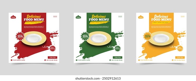 Fast food social media post design web banner template . Food social media post design with plate. Restaurant social media banner. Burger and pizza sale promotion flyer or poster