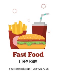 Fast Food with Soda Drink Flat Style. Food and drinks concept vector art