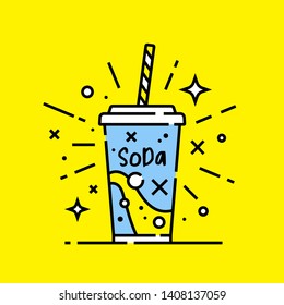 Fast food soft drink soda line icon on yellow background. Vector illustration.