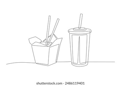 Fast food and soft drinks. Fast food concept one-line drawing