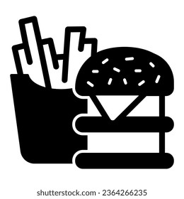 Fastfood-Feste Ikone, officesyndrome-Konzept, Fastfood-Vektorzeichen auf weißem Hintergrund, Burger und Pommes Glyph-Stil für mobiles Konzept und Web-Design. Vektorgrafik