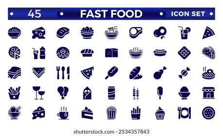 fast food Solid icons. Fast food vector icon line set. Burger sandwich pizza hot dog cola coffee sweets
