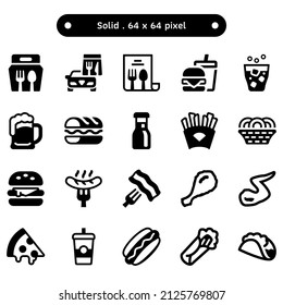 Fast food solid style vector icon set. A collection such as a drive-thru, chicken wings, soft drinks, french fries, and burger. Dimension 64x64 pixels.