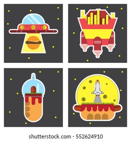 fast food and space,UFO and hamburger,shuttle and hot dog,French