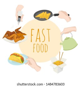Fast food special offer vector illustration. Junk food frame with hands . Soda, hot dog, pizza, burger and french fries drawing. Great for label, menu, poster, banner, voucher, coupon