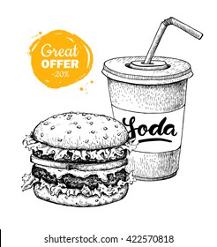 Fast Food Special Offer. Vector Sketch. Hand Drawn Junk Food Illustration. Soda And Burger. 