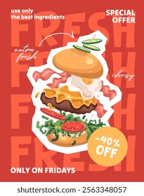 Fast food special offer voucher card design. Template of gift coupon of fastfood restaurant. Flyer with sale, discount, price off of burgers, hamburgers, cheeseburgers. Flat vector illustration