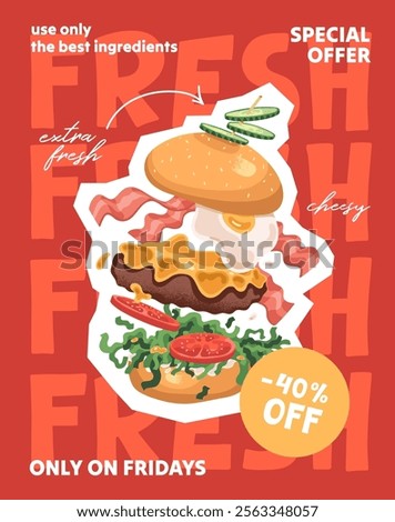 Fast food special offer voucher card design. Template of gift coupon of fastfood restaurant. Flyer with sale, discount, price off of burgers, hamburgers, cheeseburgers. Flat vector illustration