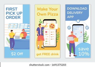 Fast food special offers flyers flat vector templates set. First customer discount printable leaflet design layout. Delivery economy advertising web vertical banner, social media stories