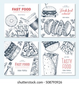 Fast food square banner set. Pizza, hamburger and french fries collection. Vector illustration, linear graphic drawn. Fast food menu design