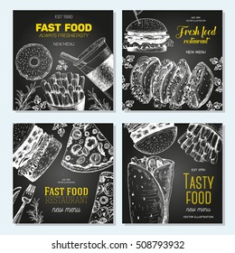 Fast food square banner set. Pizza, hamburger and french fries collection. Vector illustration, linear graphic drawn. Fast food menu design