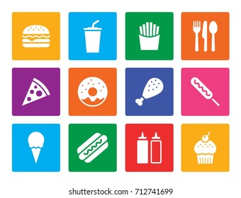 Fast food square icon set, Flat design isolated on white background, Vector illustration