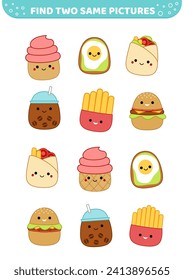 Fast food squishmallow characters. Find two same pictures. Educational game for kids with sandwich, doner, burger, coffee, cupcake. Spot two identical pictures. Cartoon, kawaii. Isolated vector illust