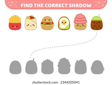 Fast food squishmallow. Find the correct shadow. Shadow matching game. Flat, cartoon. Isolated vector illustration eps 10