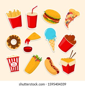 Fast food sticker collection vector isolated. Set of junk food. Pizza slice and french fries, chicken leg and soda beverage. Tasty burger.