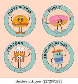 Fast food sticker, label set in trendy groovy style. Burger, popcorn, donut.