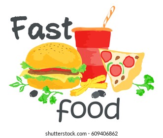 Fast Food sticker. Vector illustration in watercolor style, for graphic and web design