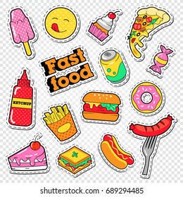 Fast Food Stickers, Badges and Patches with Burger, Fries and Cakes. Unhealthy Eating. Vector illustration