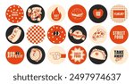 Fast food stickers. Cartoon patches with funny food characters. Groovy 60s cheerful mascots burger, yummy pizza, taco. Trendy comic stickers for cafe take away design project. Vector set.