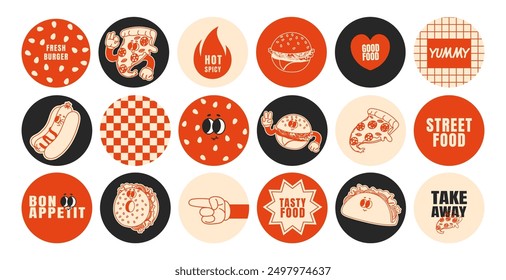 Fast food stickers. Cartoon patches with funny food characters. Groovy 60s cheerful mascots burger, yummy pizza, taco. Trendy comic stickers for cafe take away design project. Vector set.