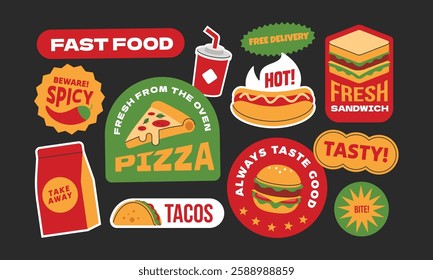 Fast food stickers collection. Pizza, burger, hot dog, sandwich, tacos, soda, donut. Street food concept y2k style.