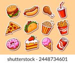 Fast food stickers illustrations set. Vector collection. Fast food cartoon icons. Hamburger, hot dog, pizza, taco, popcorn and other delicious food isolated on beige background. Perfect for menu desig