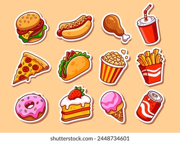 Fast food stickers illustrations set. Vector collection. Fast food cartoon icons. Hamburger, hot dog, pizza, taco, popcorn and other delicious food isolated on beige background. Perfect for menu desig