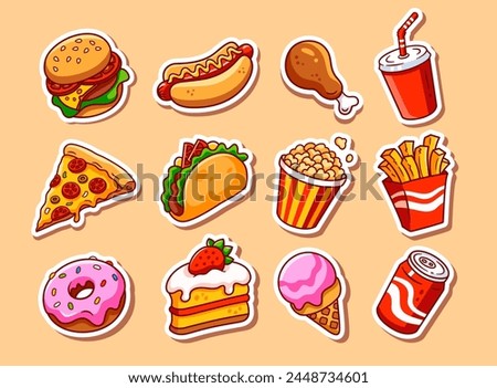 Fast food stickers illustrations set. Vector collection. Fast food cartoon icons. Hamburger, hot dog, pizza, taco, popcorn and other delicious food isolated on beige background. Perfect for menu desig