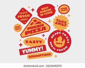 Fast food adesivos, patch, coleção de crachás. Elemento de design promocional de comida de rua.	