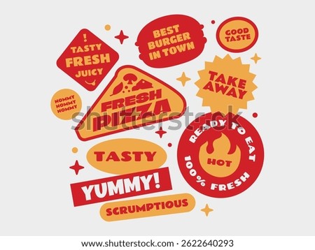 Fast food stickers, patch, badges collection. Street food promotional design element.	