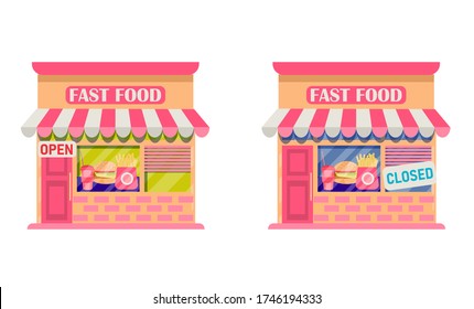 The fast food store is closed and open. A collection of store facades isolated on a white background.Vector illustration in flat style