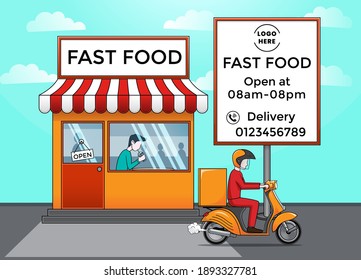 Fast food store and delivery man illustration template, file format in eps