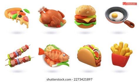 Comida rápida, comida callejera 3d conjunto de iconos vectoriales. Pizza, pavo asado, hamburguesa, huevos revueltos, brocheta, pescado frito, tacos, patatas fritas