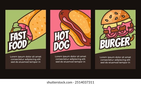 Fast food street food ad cards line art simple style isolated concept set